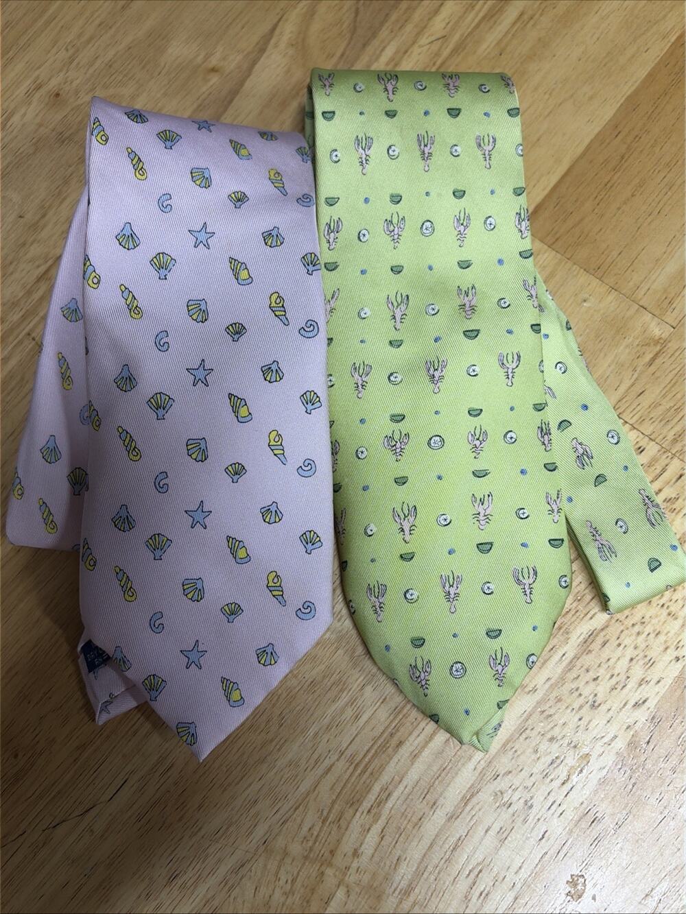 J. McLaughlin 2 Mens 100% Silk Ties - Pink/Green - Lobster/Shells Preppy Coastal